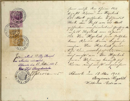 Abbildung: Photo des Original-Kaufvertrages zwischen Benjamin Hegelich und Wilhelm Adrian aus dem Jahre 1902. Zum Vergrößern auf das Bild klicken.